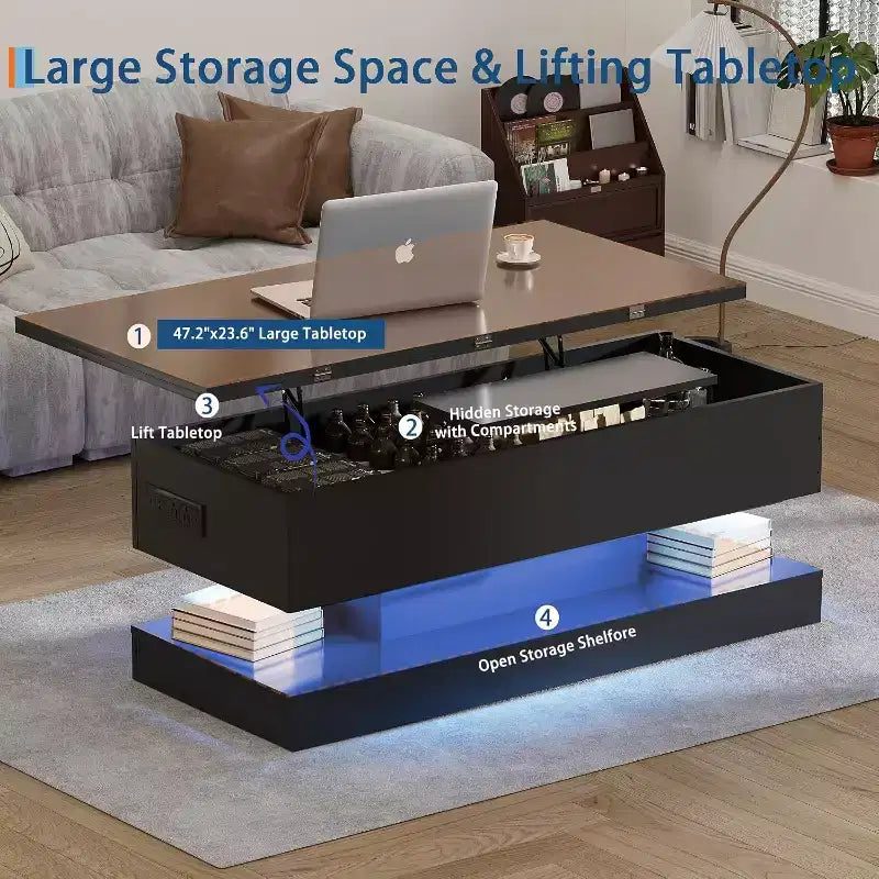 Table basse à plateau relevable avec éclairage LED, finition brillante, rangement contrôlé par application, réglable et convertible, table de salle à manger moderne pour salon
