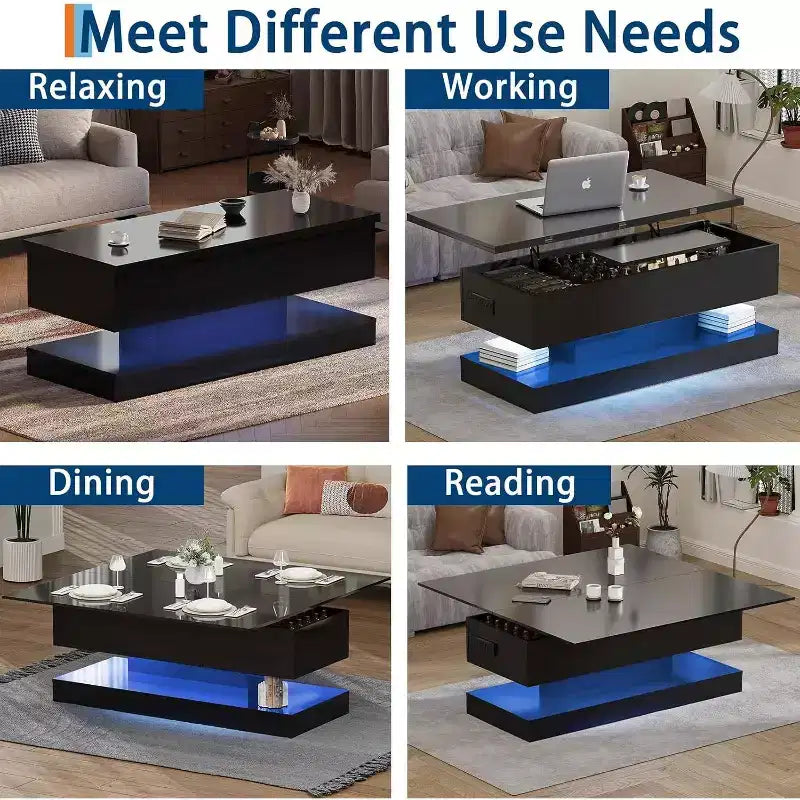 Table basse à plateau relevable avec éclairage LED, finition brillante, rangement contrôlé par application, réglable et convertible, table de salle à manger moderne pour salon