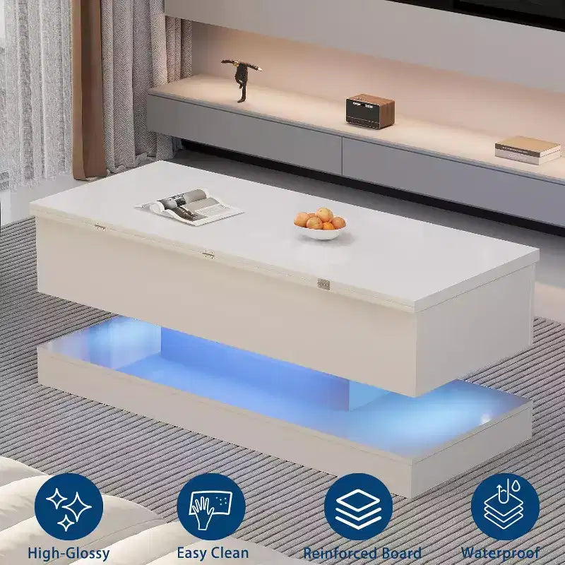 Table basse à plateau relevable avec éclairage LED, finition brillante, rangement contrôlé par application, réglable et convertible, table de salle à manger moderne pour salon