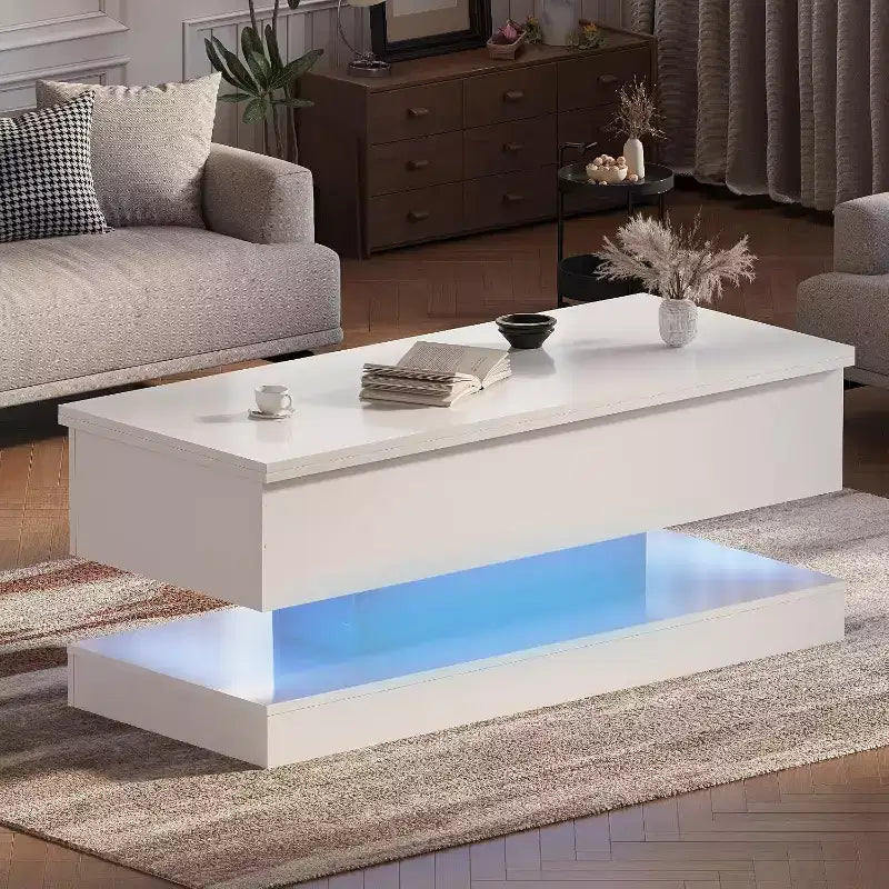 Table basse à plateau relevable avec éclairage LED, finition brillante, rangement contrôlé par application, réglable et convertible, table de salle à manger moderne pour salon