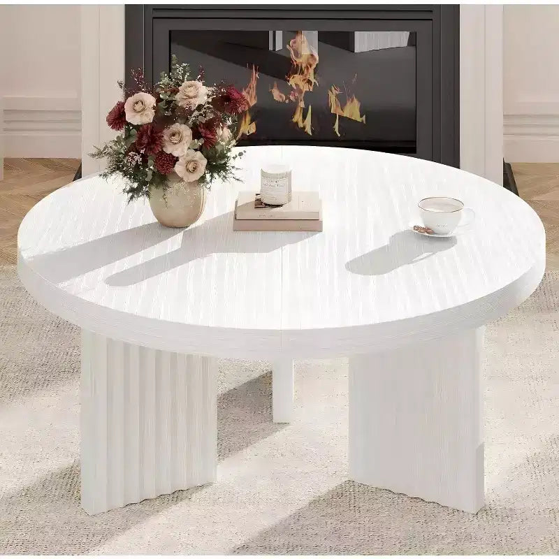 Table basse ronde, table centrale circulaire 33,5 po à pieds cannelés et plateau épais de 1,3 po, tables d'appoint de canapé pour salon, chambre, montage facile, blanc