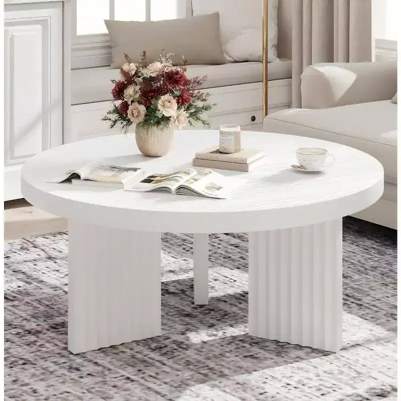 Table basse ronde, table centrale circulaire 33,5 po à pieds cannelés et plateau épais de 1,3 po, tables d'appoint de canapé pour salon, chambre, montage facile, blanc