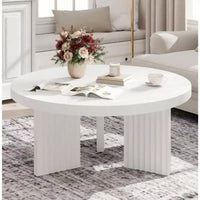 Table basse ronde, table centrale circulaire 33,5 po à pieds cannelés et plateau épais de 1,3 po, tables d'appoint de canapé pour salon, chambre, montage facile, blanc