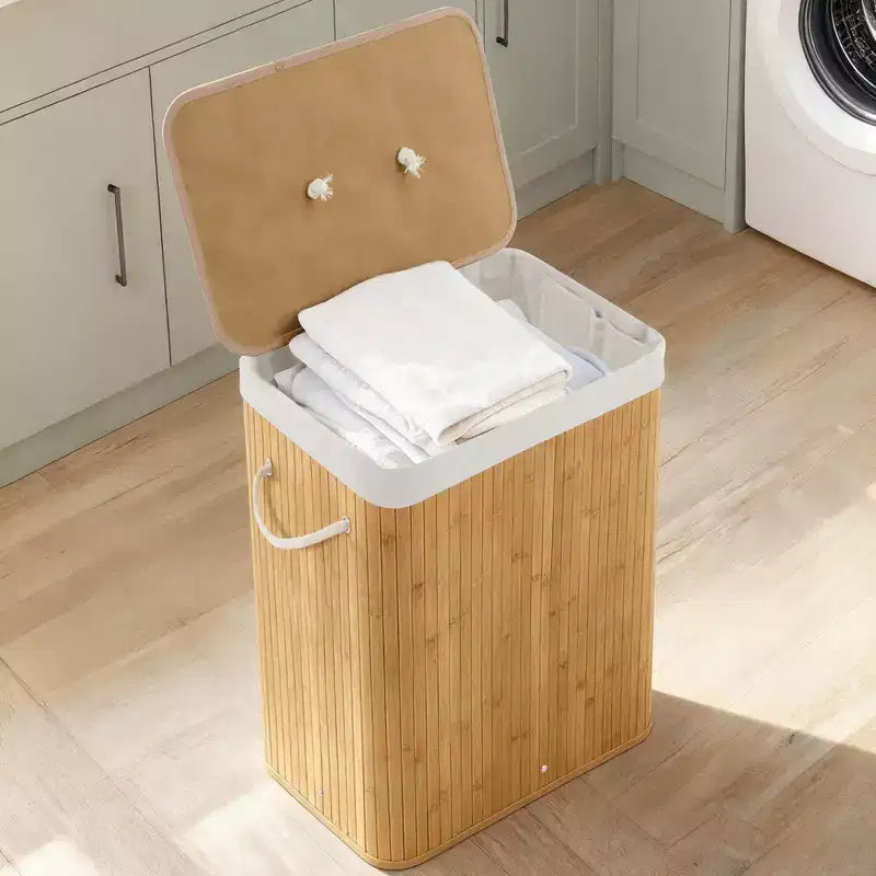 COZONY panier à linge pliant en bambou avec couvercle, 28 gal / 106L panier à vêtements en bois avec doublure lavable, rangement fin pour petites chambres et dortoirs