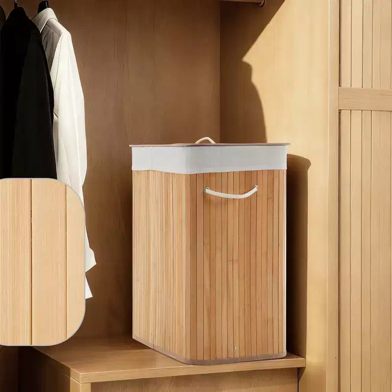 COZONY panier à linge pliant en bambou avec couvercle, 28 gal / 106L panier à vêtements en bois avec doublure lavable, rangement fin pour petites chambres et dortoirs