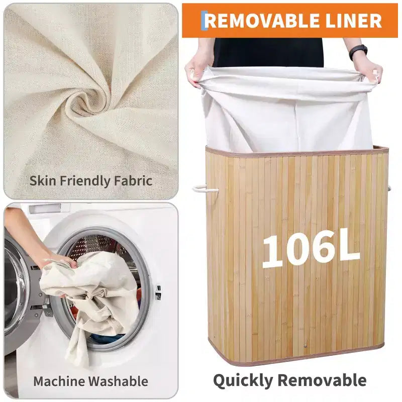 COZONY panier à linge pliant en bambou avec couvercle, 28 gal / 106L panier à vêtements en bois avec doublure lavable, rangement fin pour petites chambres et dortoirs