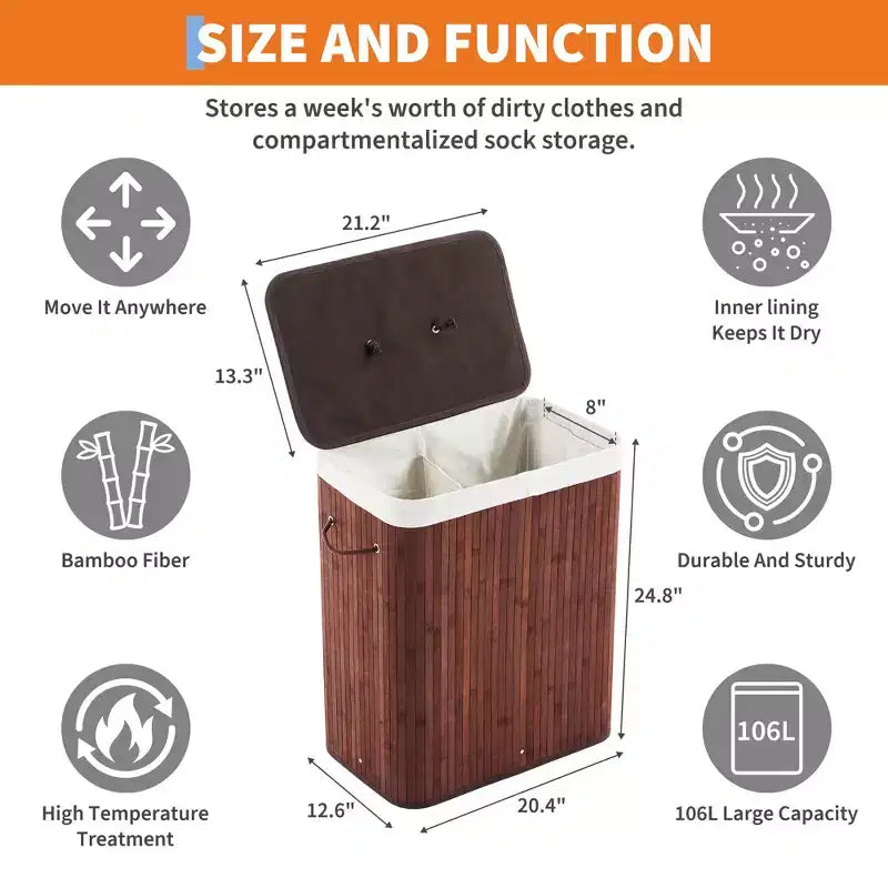 COZONY panier à linge pliant en bambou avec couvercle, 28 gal / 106L panier à vêtements en bois avec doublure lavable, rangement fin pour petites chambres et dortoirs