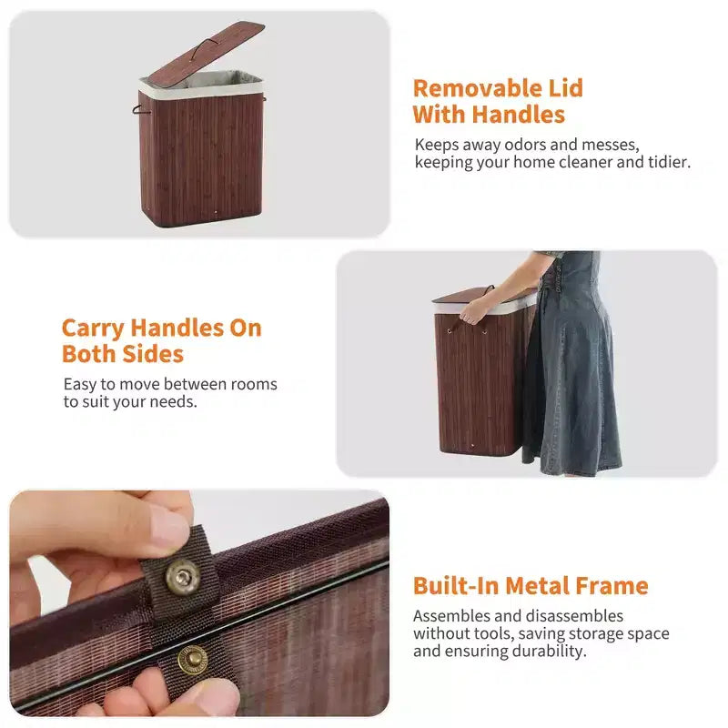 COZONY panier à linge pliant en bambou avec couvercle, 28 gal / 106L panier à vêtements en bois avec doublure lavable, rangement fin pour petites chambres et dortoirs