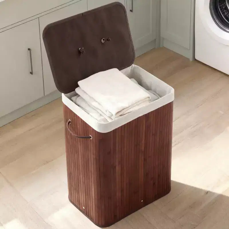 COZONY panier à linge pliant en bambou avec couvercle, 28 gal / 106L panier à vêtements en bois avec doublure lavable, rangement fin pour petites chambres et dortoirs