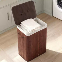 COZONY panier à linge pliant en bambou avec couvercle, 28 gal / 106L panier à vêtements en bois avec doublure lavable, rangement fin pour petites chambres et dortoirs