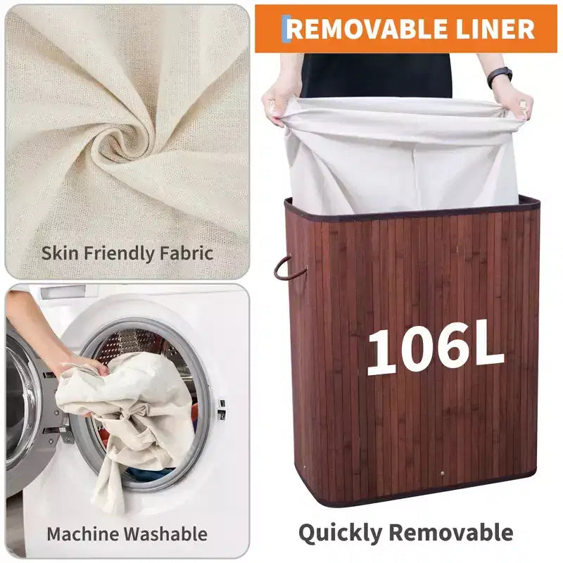 COZONY panier à linge pliant en bambou avec couvercle, 28 gal / 106L panier à vêtements en bois avec doublure lavable, rangement fin pour petites chambres et dortoirs