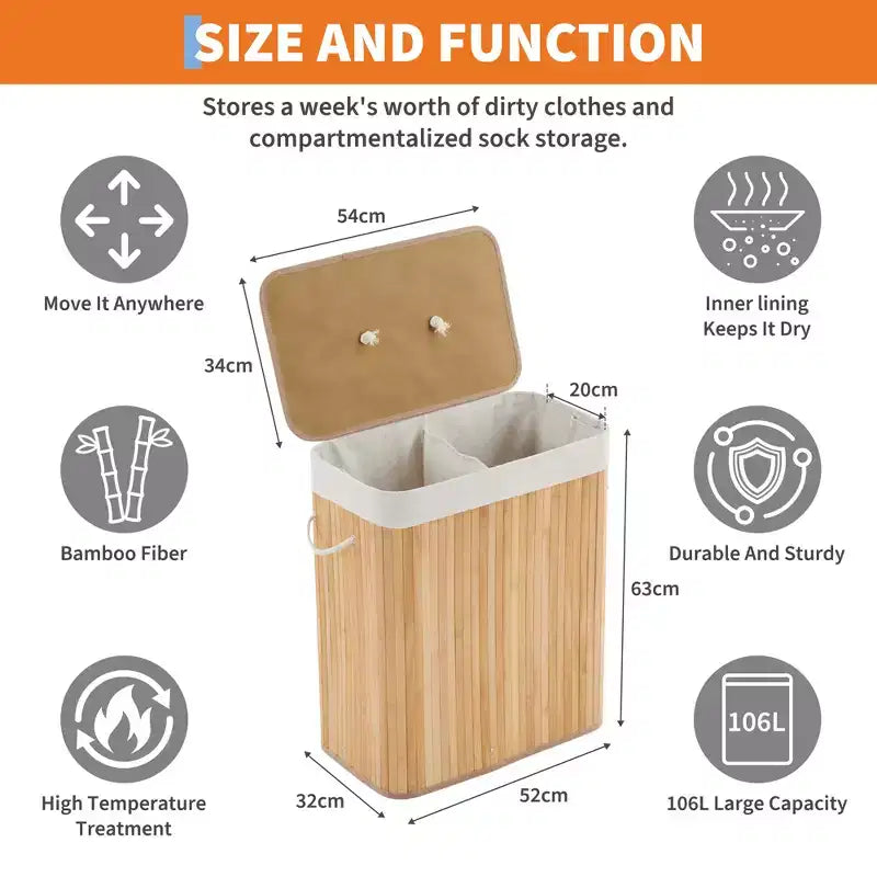 COZONY panier à linge pliant en bambou avec couvercle, 28 gal / 106L panier à vêtements en bois avec doublure lavable, rangement fin pour petites chambres et dortoirs