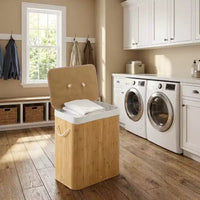 COZONY panier à linge pliant en bambou avec couvercle, 28 gal / 106L panier à vêtements en bois avec doublure lavable, rangement fin pour petites chambres et dortoirs