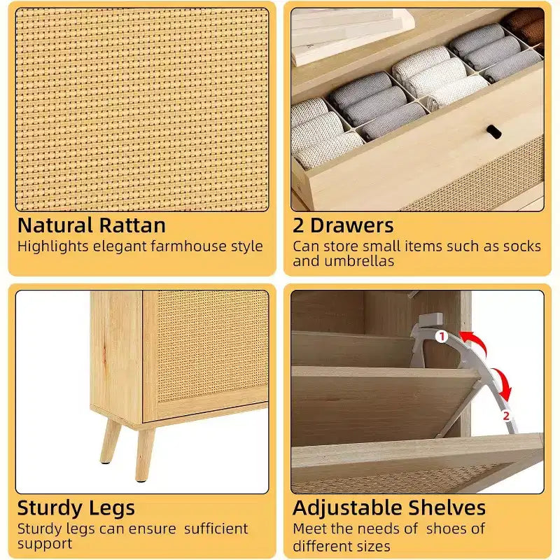 Meuble à chaussures d'entrée en rotin style farmhouse, 4 tiroirs rotatifs, 2 tiroirs coulissants, range-chaussures dissimulé, pour couloir, salon