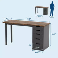 Bureau d'ordinateur de 119 cm avec 5 tiroirs de rangement, table d'étude/d'écriture réversible de style rustique moderne, poste de travail de bureau à domicile pour petits espaces