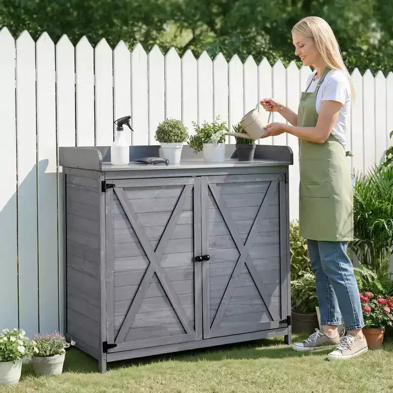 VEVOR Table d'empotage, armoire de rangement de jardinage d'extérieur en bois avec plateau en bois 39 x 19 po, poste de travail de plantation de jardin, gris