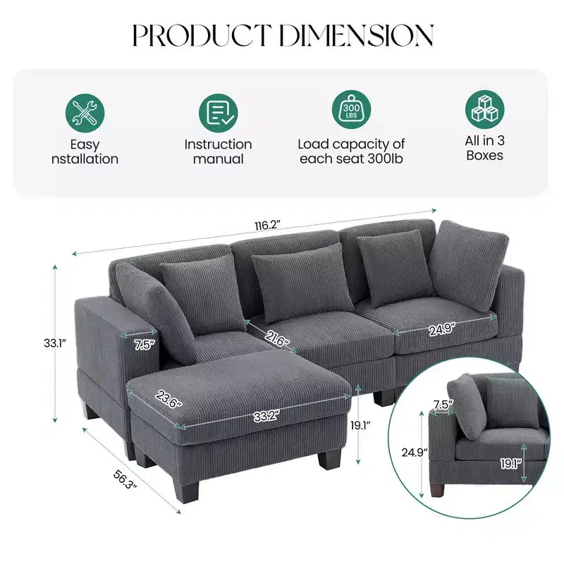 Canapé sectionnel modulaire convertible en velours côtelé avec poufs, canapé configurable pour salon, assemblage facile