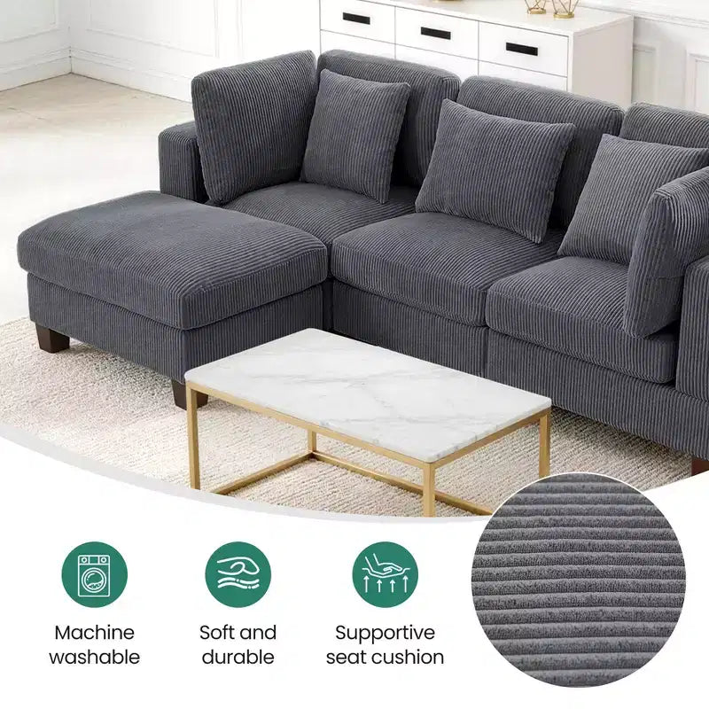 Canapé sectionnel modulaire convertible en velours côtelé avec poufs, canapé configurable pour salon, assemblage facile