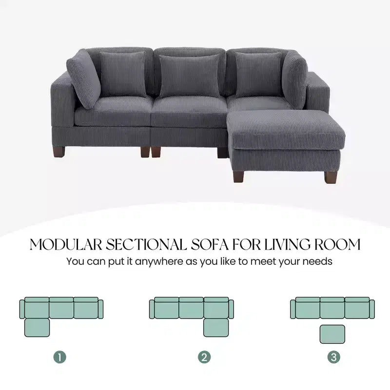Canapé sectionnel modulaire convertible en velours côtelé avec poufs, canapé configurable pour salon, assemblage facile