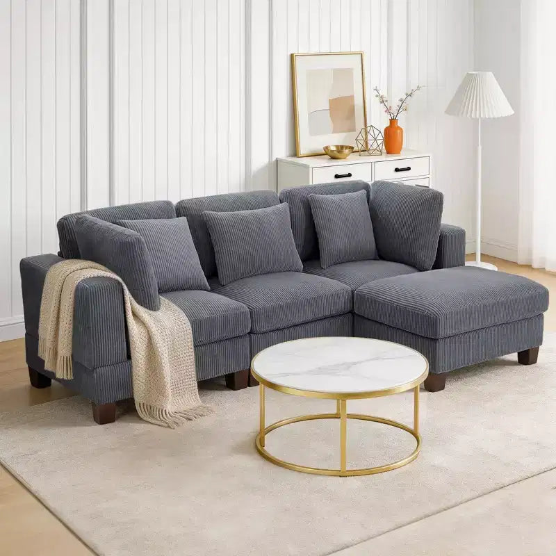 Canapé sectionnel modulaire convertible en velours côtelé avec poufs, canapé configurable pour salon, assemblage facile