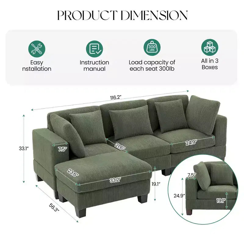 Canapé sectionnel modulaire convertible en velours côtelé avec poufs, canapé configurable pour salon, assemblage facile