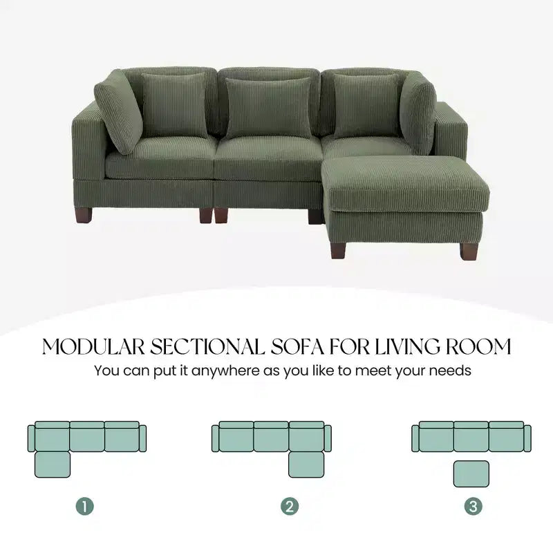 Canapé sectionnel modulaire convertible en velours côtelé avec poufs, canapé configurable pour salon, assemblage facile