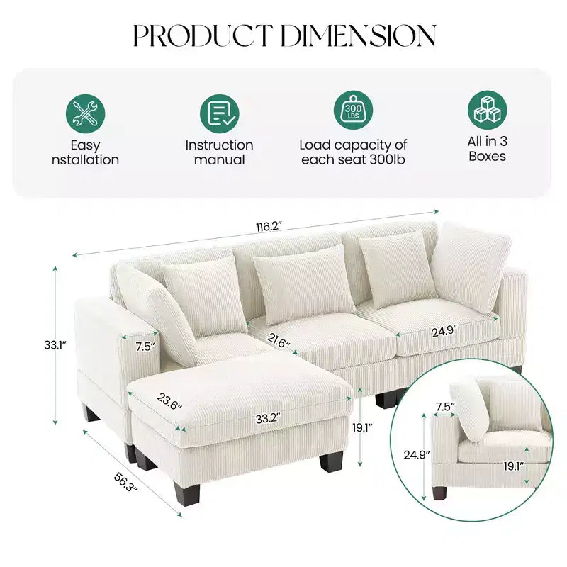 Canapé sectionnel modulaire convertible en velours côtelé avec poufs, canapé configurable pour salon, assemblage facile