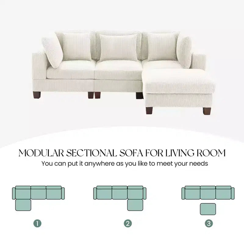 Canapé sectionnel modulaire convertible en velours côtelé avec poufs, canapé configurable pour salon, assemblage facile