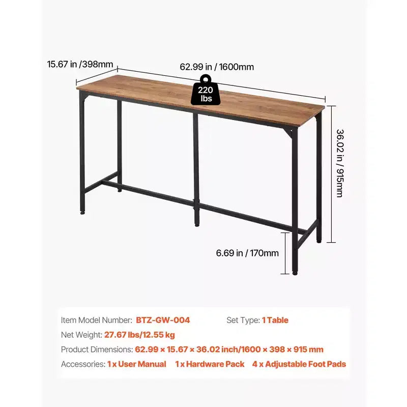 VEVOR Table de bar, 1 PCS 53 Table de bar de cuisine, Tables de salle à manger hautes avec bords arrondis, Tables de cuisine rectangulaires hautes, Marron et Noir