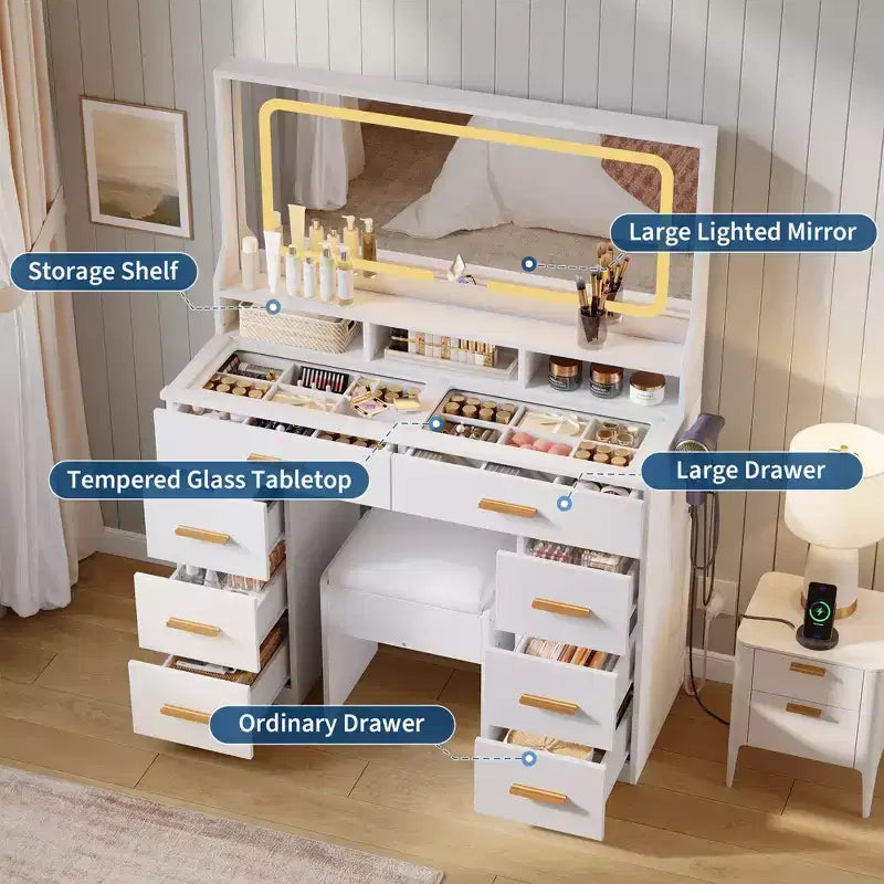 Coiffeuse 42 avec miroir éclairé LED et prise de courant - table de maquillage moderne avec 8 tiroirs, plateau en verre, tabouret coussiné et support sèche-cheveux