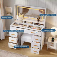 Coiffeuse 42 avec miroir éclairé LED et prise de courant - table de maquillage moderne avec 8 tiroirs, plateau en verre, tabouret coussiné et support sèche-cheveux