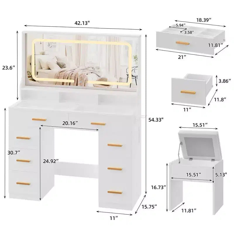 Coiffeuse 42 avec miroir éclairé LED et prise de courant - table de maquillage moderne avec 8 tiroirs, plateau en verre, tabouret coussiné et support sèche-cheveux