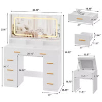 Coiffeuse 42 avec miroir éclairé LED et prise de courant - table de maquillage moderne avec 8 tiroirs, plateau en verre, tabouret coussiné et support sèche-cheveux