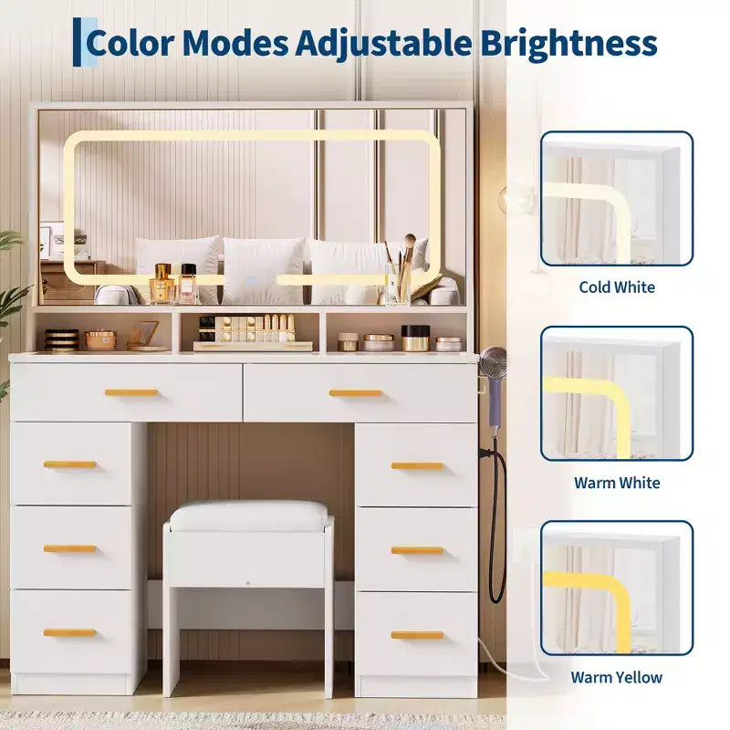Coiffeuse 42 avec miroir éclairé LED et prise de courant - table de maquillage moderne avec 8 tiroirs, plateau en verre, tabouret coussiné et support sèche-cheveux