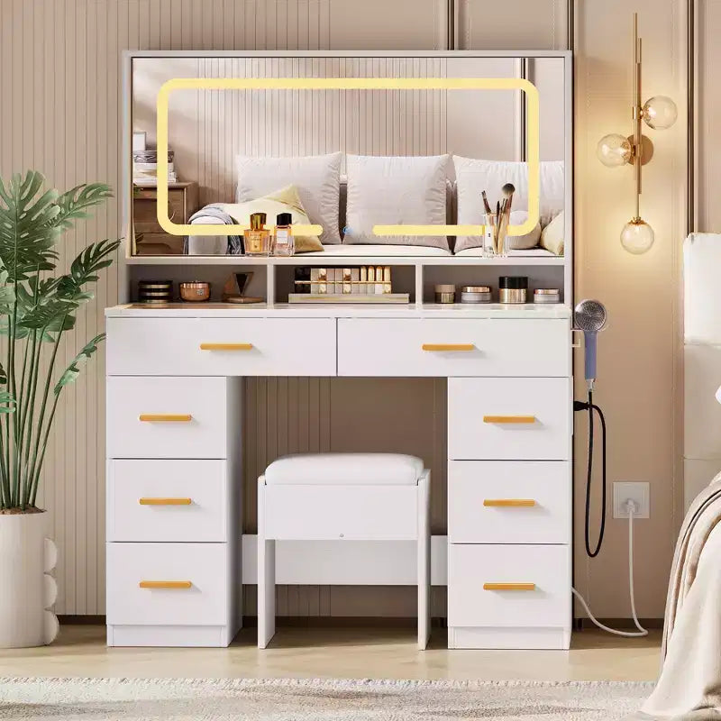 Coiffeuse 42 avec miroir éclairé LED et prise de courant - table de maquillage moderne avec 8 tiroirs, plateau en verre, tabouret coussiné et support sèche-cheveux