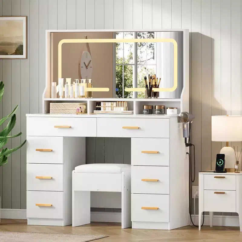 Coiffeuse 42 avec miroir éclairé LED et prise de courant - table de maquillage moderne avec 8 tiroirs, plateau en verre, tabouret coussiné et support sèche-cheveux