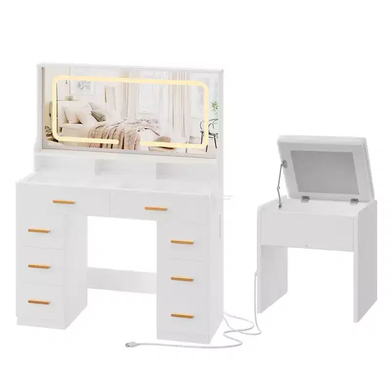 Coiffeuse 42 avec miroir éclairé LED et prise de courant - table de maquillage moderne avec 8 tiroirs, plateau en verre, tabouret coussiné et support sèche-cheveux