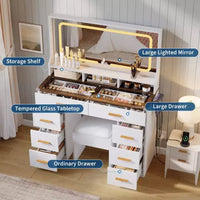Coiffeuse 42 avec miroir éclairé LED et prise de courant - table de maquillage moderne avec 8 tiroirs, plateau en verre, tabouret coussiné et support sèche-cheveux