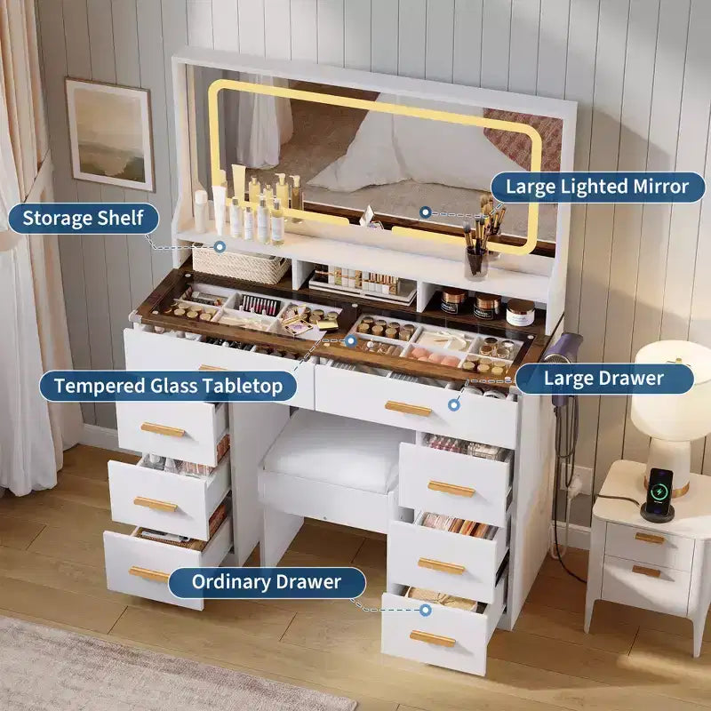 Coiffeuse 42 avec miroir éclairé LED et prise de courant - table de maquillage moderne avec 8 tiroirs, plateau en verre, tabouret coussiné et support sèche-cheveux