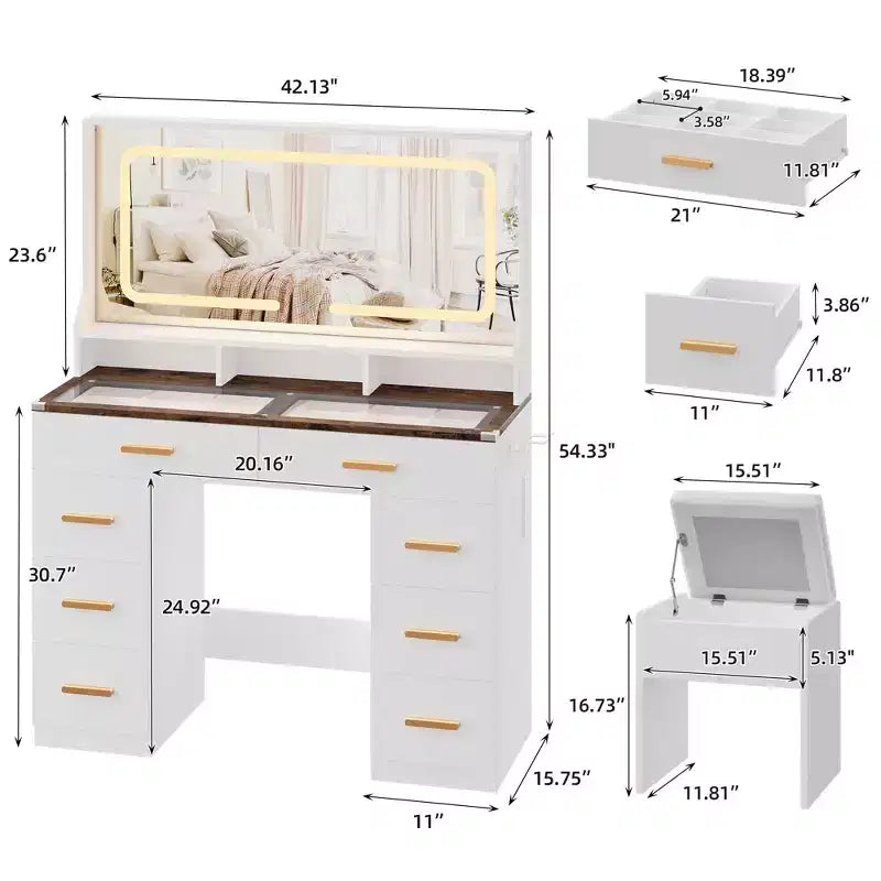 Coiffeuse 42 avec miroir éclairé LED et prise de courant - table de maquillage moderne avec 8 tiroirs, plateau en verre, tabouret coussiné et support sèche-cheveux