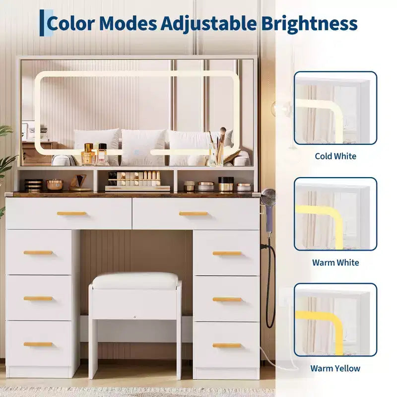Coiffeuse 42 avec miroir éclairé LED et prise de courant - table de maquillage moderne avec 8 tiroirs, plateau en verre, tabouret coussiné et support sèche-cheveux