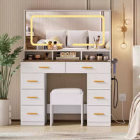 Coiffeuse 42 avec miroir éclairé LED et prise de courant - table de maquillage moderne avec 8 tiroirs, plateau en verre, tabouret coussiné et support sèche-cheveux