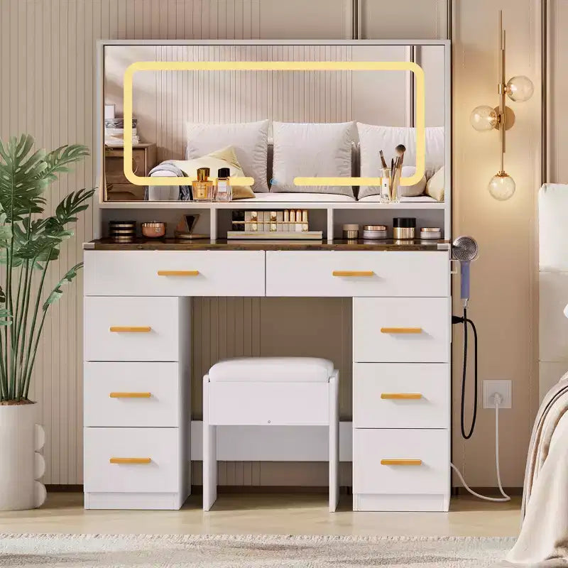 Coiffeuse 42 avec miroir éclairé LED et prise de courant - table de maquillage moderne avec 8 tiroirs, plateau en verre, tabouret coussiné et support sèche-cheveux