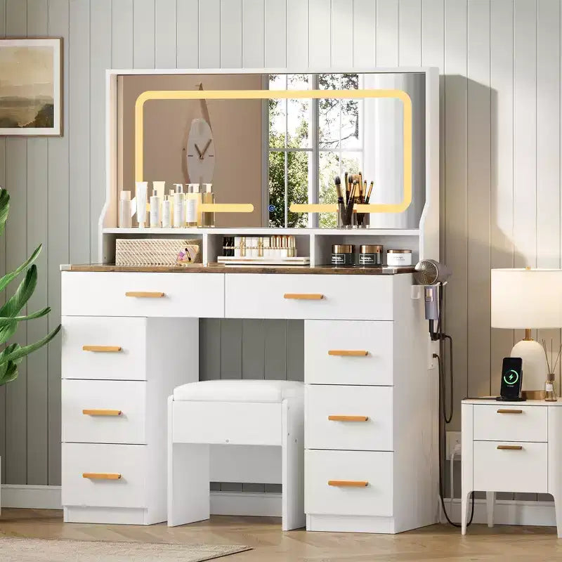 Coiffeuse 42 avec miroir éclairé LED et prise de courant - table de maquillage moderne avec 8 tiroirs, plateau en verre, tabouret coussiné et support sèche-cheveux
