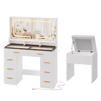 Coiffeuse 42 avec miroir éclairé LED et prise de courant - table de maquillage moderne avec 8 tiroirs, plateau en verre, tabouret coussiné et support sèche-cheveux