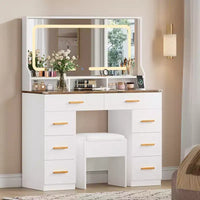 42 Vanity Desk with LED Lighted Mirror & Power Outlet - Modern Makeup Dressing Table with 8 Drawers, Glass Top, Cushioned Stool & Hairdryer Holder