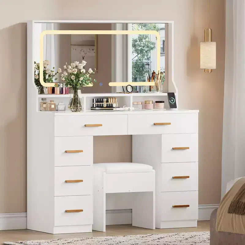 Coiffeuse 42 avec miroir éclairé LED et prise de courant - table de maquillage moderne avec 8 tiroirs, plateau en verre, tabouret coussiné et support sèche-cheveux