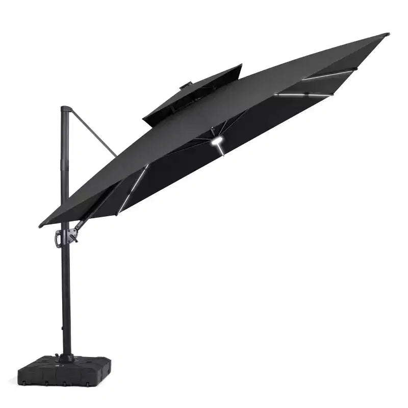 Crestlive Products Parasol cantilever de patio d'extérieur à dessus 2 niveaux 11 pi avec bandes lumineuses solaires, deporte, rotation 360, base à roue, max 350 lb