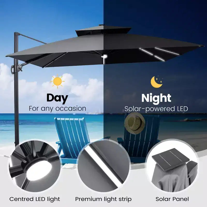 Crestlive Products Parasol cantilever de patio d'extérieur à dessus 2 niveaux 11 pi avec bandes lumineuses solaires, deporte, rotation 360, base à roue, max 350 lb