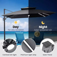 Crestlive Products Parasol cantilever de patio d'extérieur à dessus 2 niveaux 11 pi avec bandes lumineuses solaires, deporte, rotation 360, base à roue, max 350 lb
